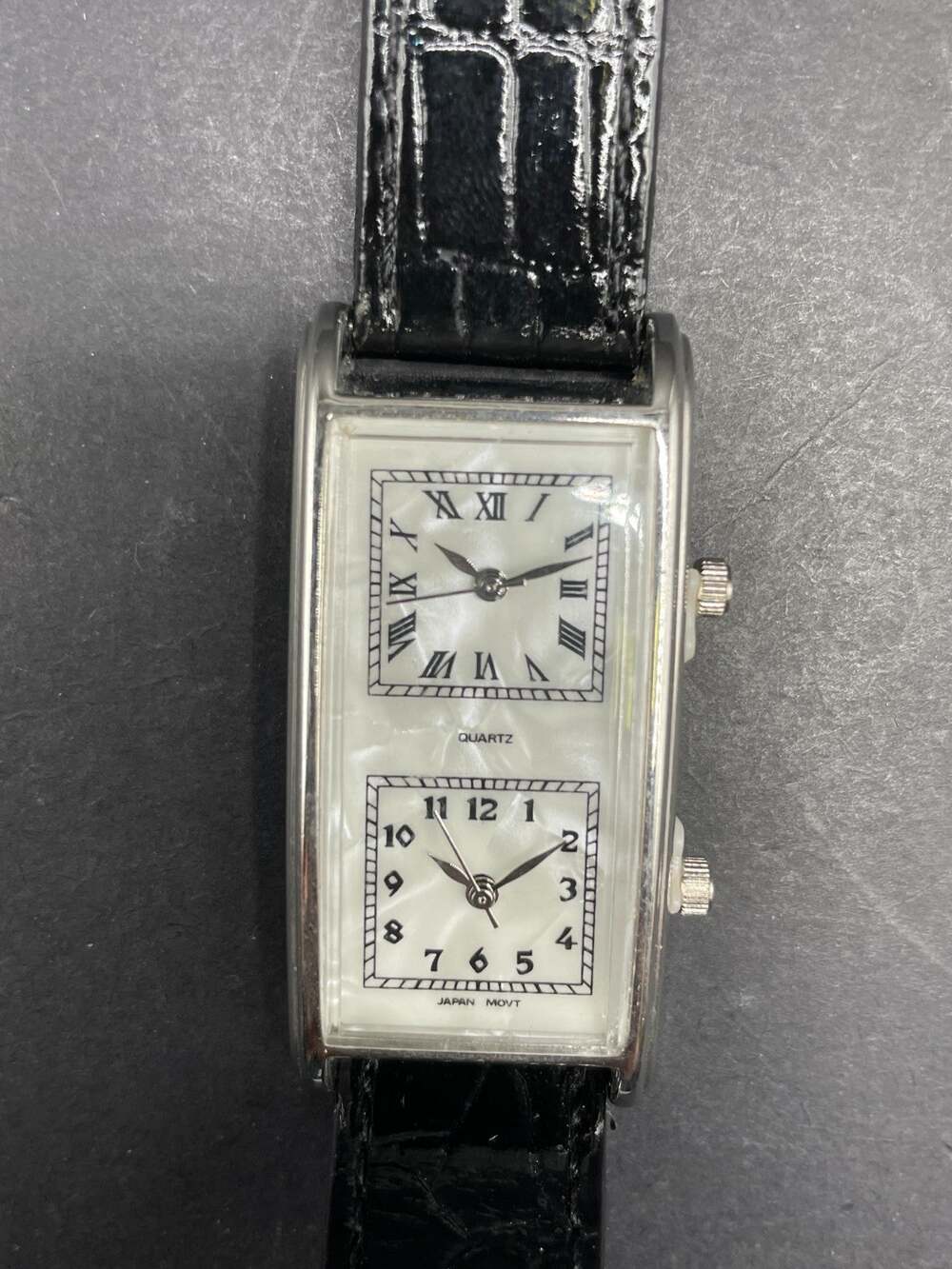 Vintage Style Dual Time Zone Tank Watch Mother of Pearl Dial Japan Movt PC21A